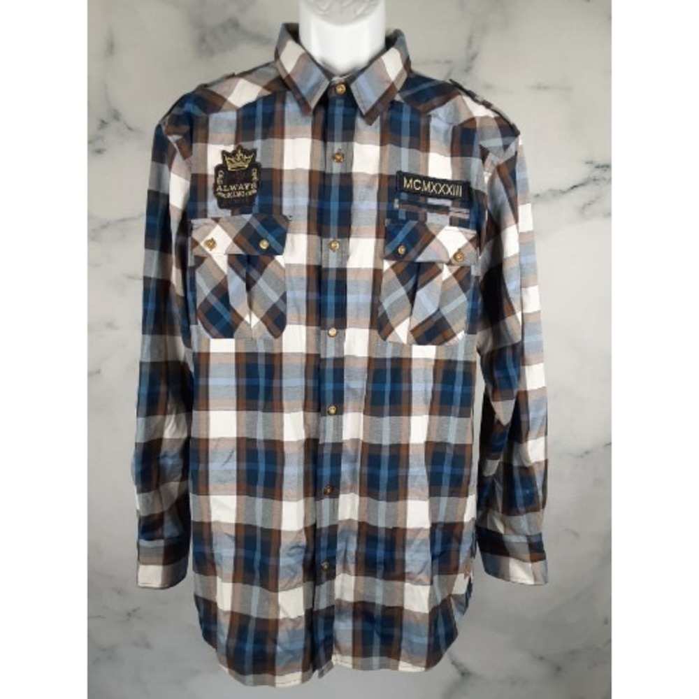 Red Ape Casual Button Up Shirt Size 2XL Brown Blue Plaid Long Sleeve